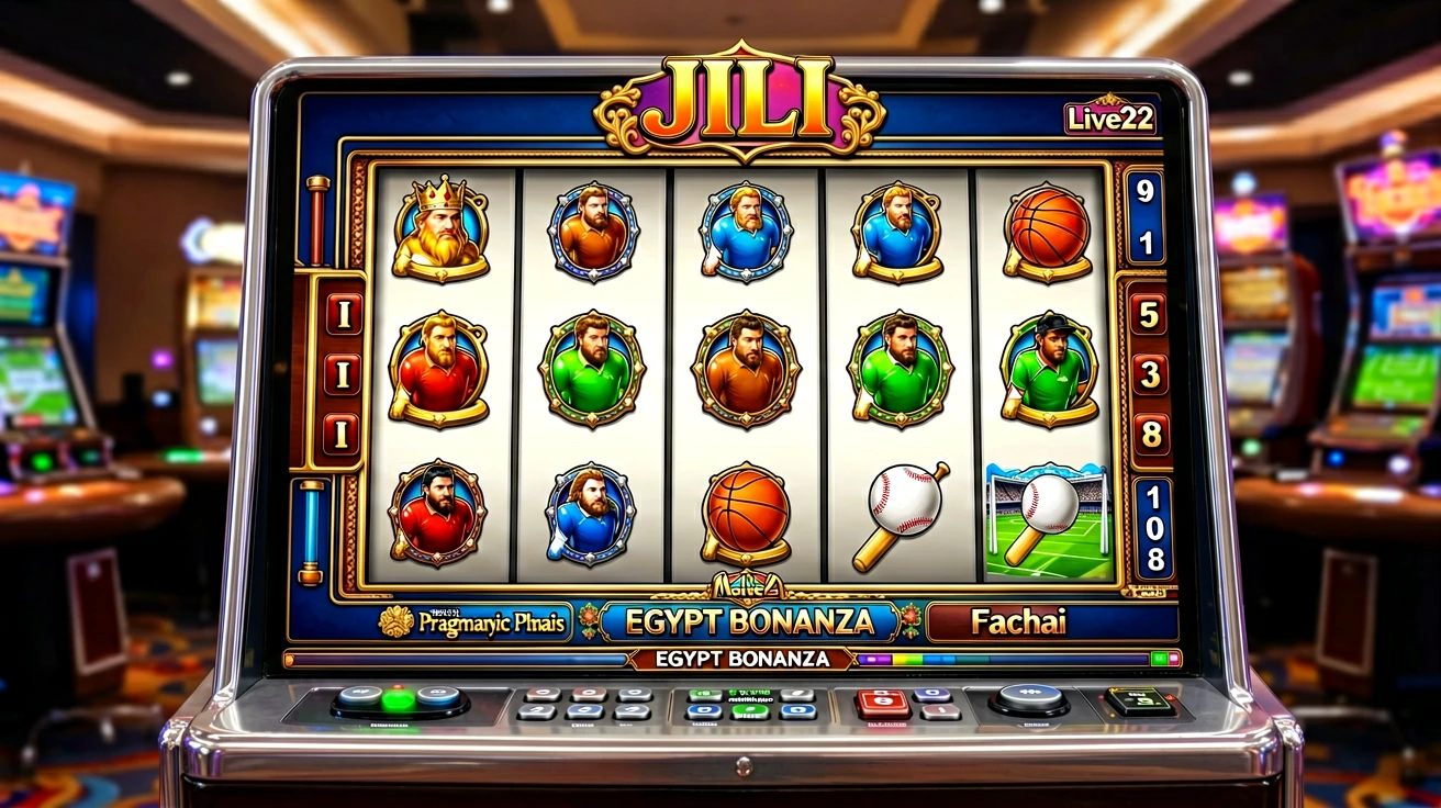 ကာစီနို slot machine cabinet တစ်ခု၏ ရှေ့ဘက်ရှုထောင့်, screen ပေါ်ရှိ reel symbol များနှင့် control panel ခလုတ်များကို တွေ့ရသည်