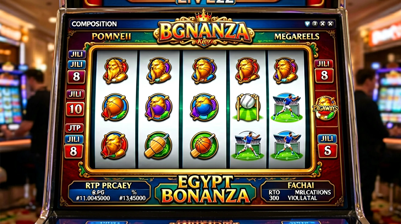 ကာစီနို slot machine ၏ reel grid ငါးတန်း သုံးတန်းကို အနီးကပ်ရိုက်ကူးထားသည့် ရုပ်ပုံ, symbol များနှင့် RTP ကိန်းဂဏန်းအညွှန်းများကို တွေ့ရသည်