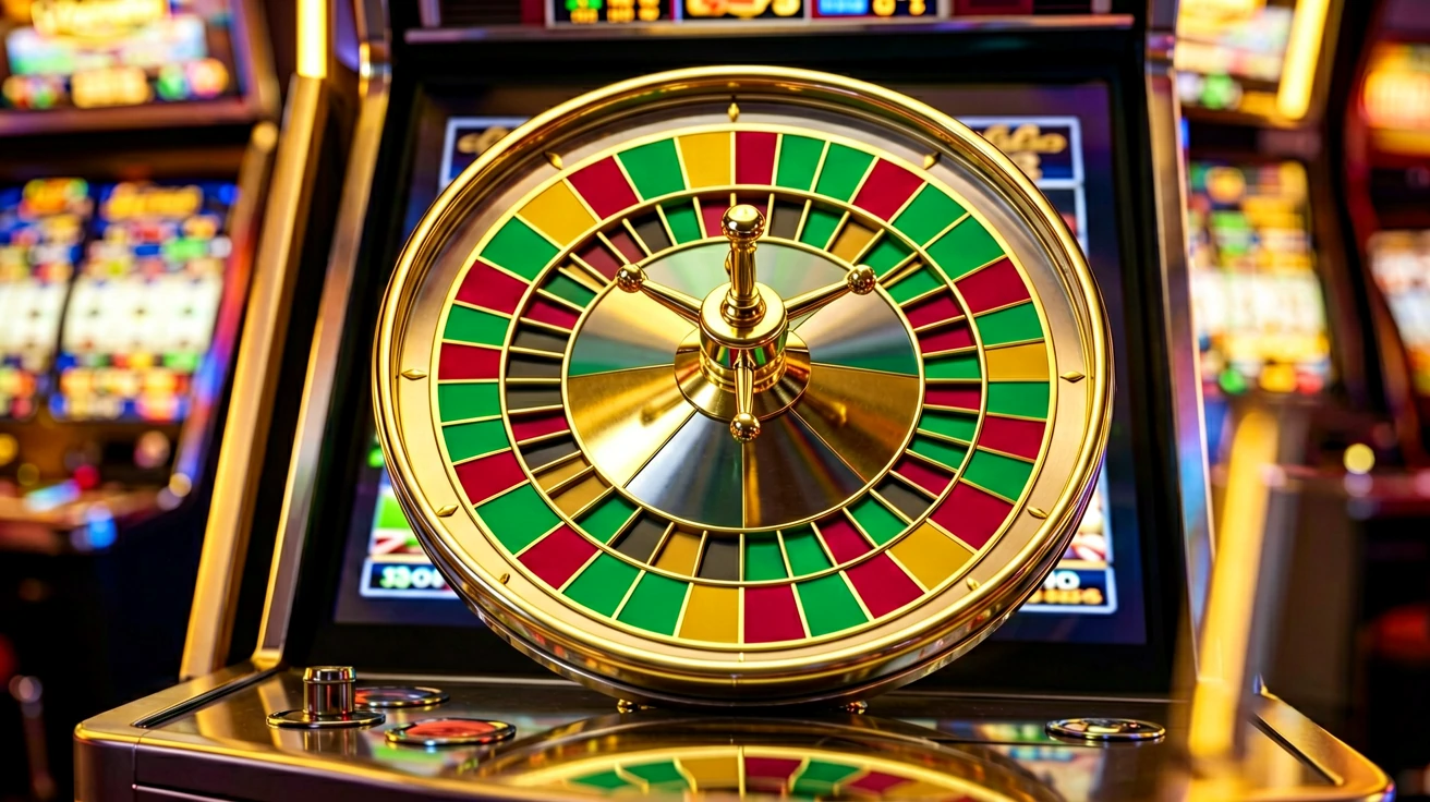 ရွှေရောင်ဘောင်ခတ် ကာစီနို Bonus Wheel တစ်ခု အနီရောင်၊ အစိမ်းရောင်၊ ရွှေရောင် ဆက်ရှင်များနှင့်အတူ slot machine ဂိမ်းစခရင်တစ်ခုရှေ့တွင် ချိတ်ဆွဲထားသည်ကို တွေ့ရသည်